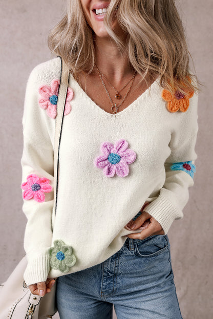 Crochet Flower V Neck Sweater | White