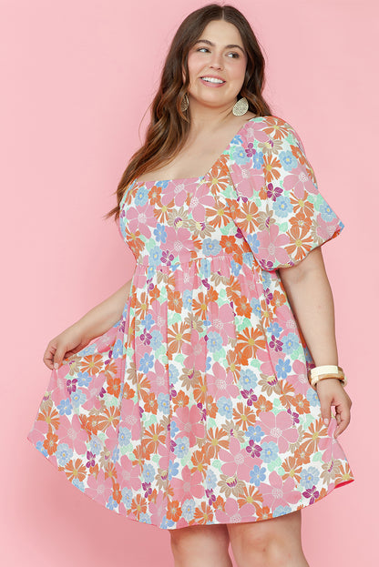 Floral Puff Sleeve Square Neck Plus Babydoll Dress | Multicolour