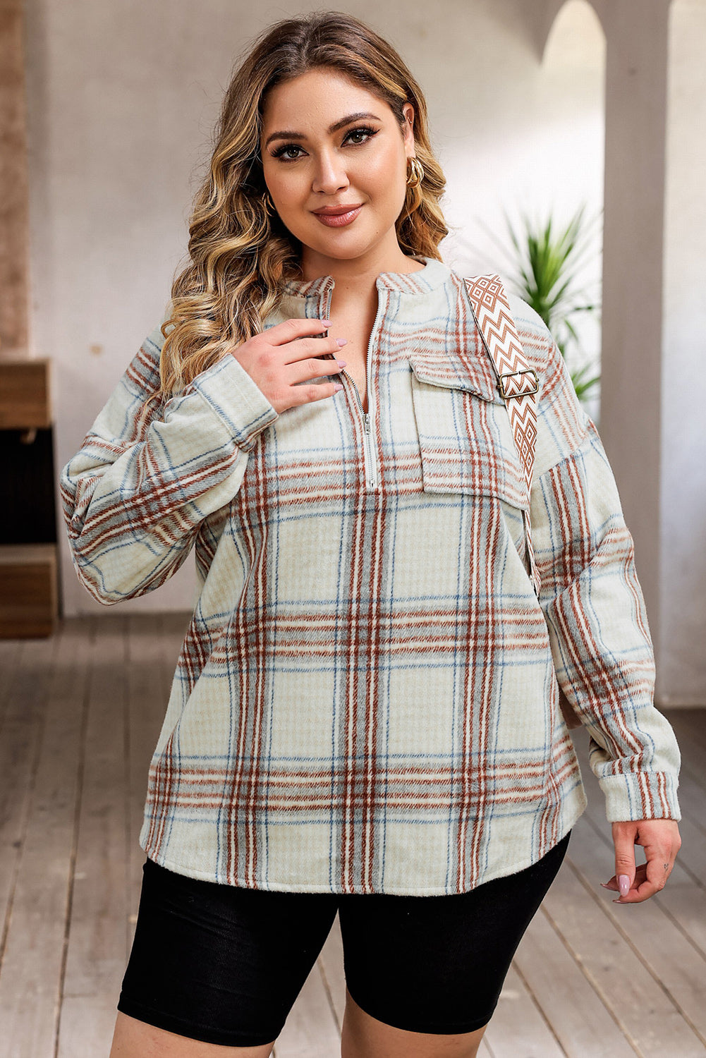 Plus Size Plaid Half-Zipper Sweatshirt With Chest Pocket | Beige