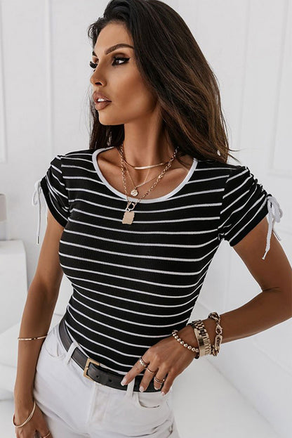 Striped Drawstring Sleeve Contrast Neckline T Shirt | Black