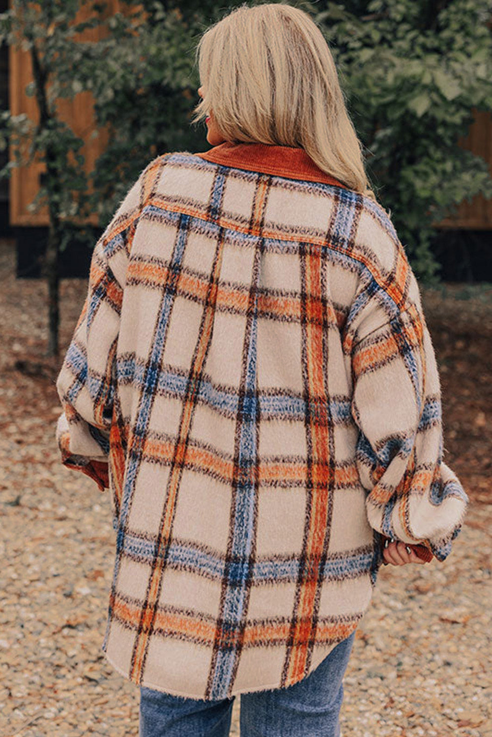 Plus Size Plaid Print Collared Buttoned Jacket | Brown Stripe