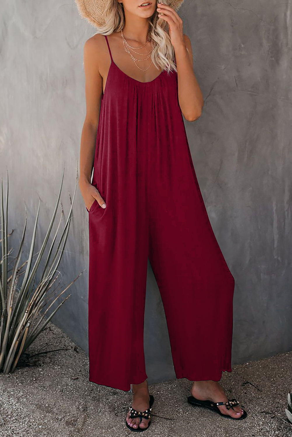 Fiery  Spaghetti Straps Wide Leg Pocketed Jumpsuits | Red