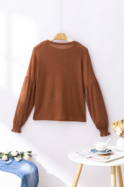 Ribbed Knit Drop Shoulder Ruffled Sleeve Textured Top | Chestnut