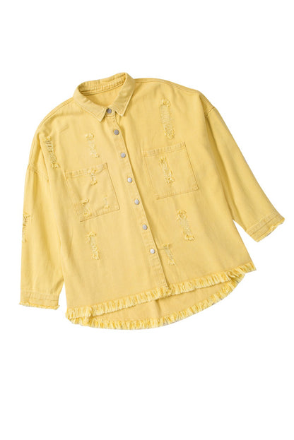 Distressed Fringe Trim Denim Jacket | Yellow