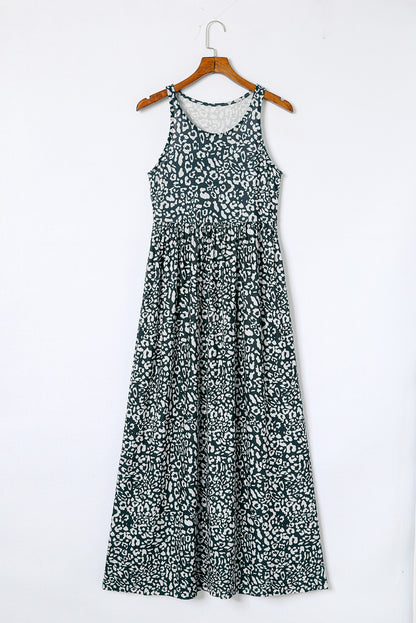 Leopard Print Pocketed Sleeveless Maxi Dress | Gray