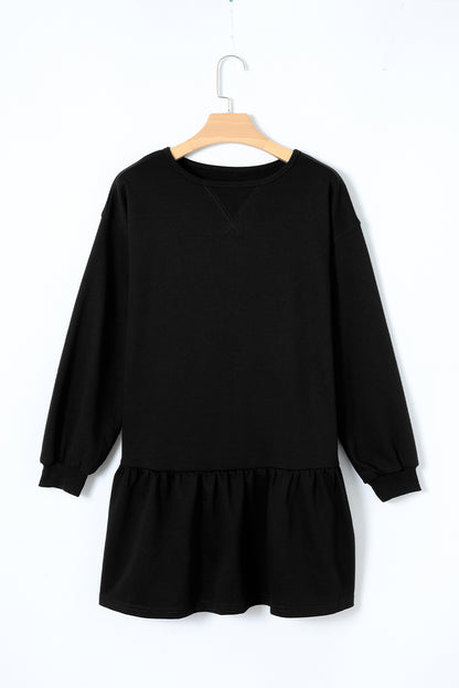 Solid Colour Puff Sleeve Ruffle Hem Mini Dress | Black