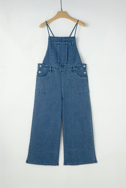 Adjustable Tie Straps Cropped Wide Leg Denim Overalls | Dusk Blue