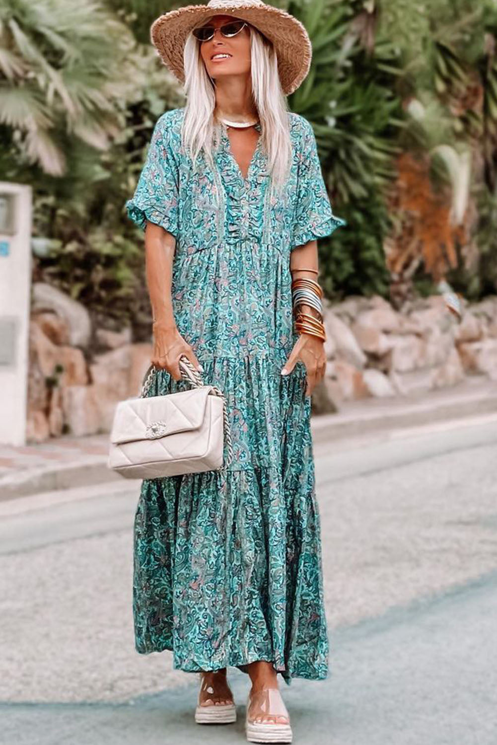 Paisley Print Boho Holiday Ruffle Tiered Maxi Dress | Sky Blue