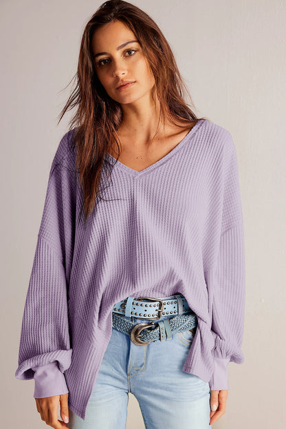 Waffle V Neck Long Sleeve Drop Shoulder Loose Blouse | Orchid Petal