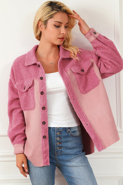 Colourblock Buttoned Flap Pocket Sherpa Shacket | Pink