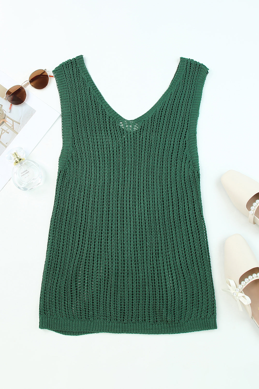 Hollowed Knit V Neck Tank Top | Green