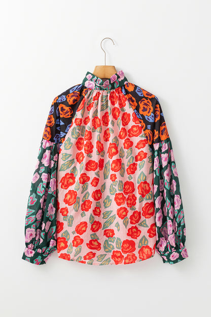 Colourblock Floral Printed Puff Sleeve Shirt | Red