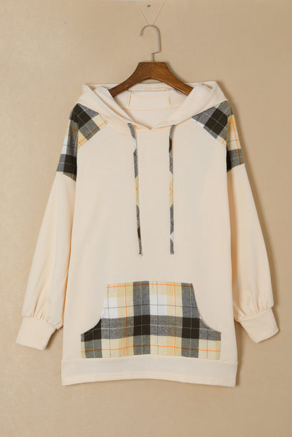 Plaid Patchwork Kangaroo Pocket Oversized Hoodie | Khaki