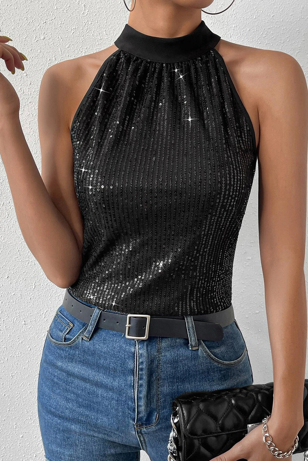 Keyhole Tie Back Sequined Tank Top | Black