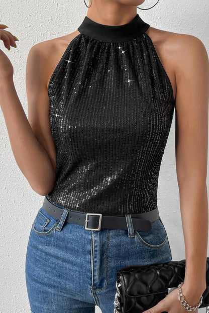 Keyhole Tie Back Sequined Tank Top | Black