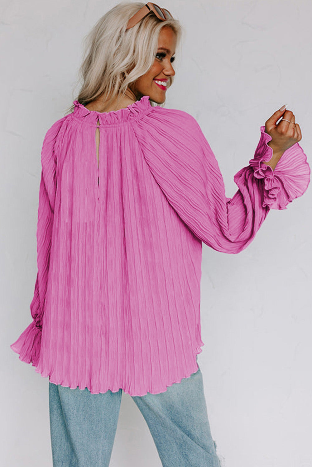 Striking Pleated Flared Cuff Long Sleeve Blouse | Pink