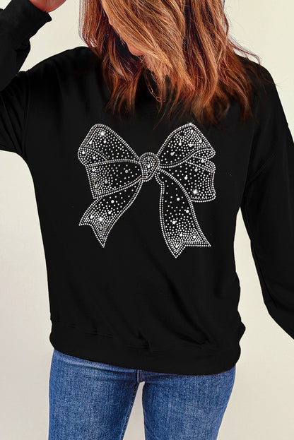 Rhinestone Bowknot Graphic Crewneck Pullover Sweatshirt | Black