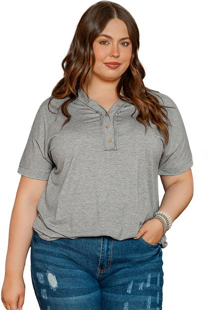 Plus Size Buttoned V Neck Batwing Sleeve Top | Gray