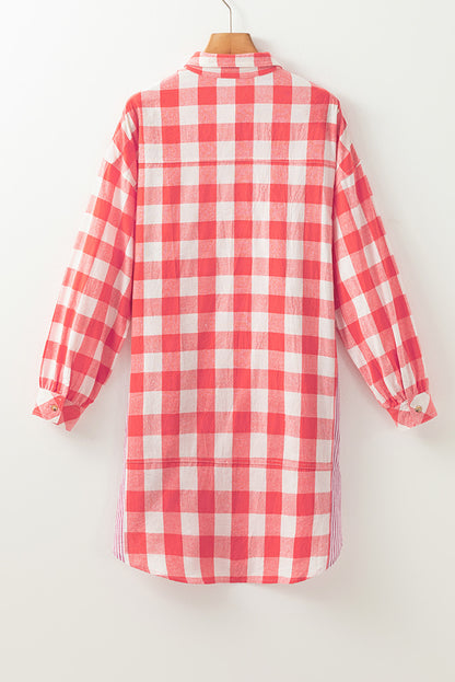 Oversized Plaid Puff Sleeve Round Hem Shirt Dress | Pink