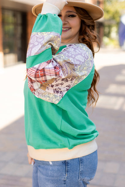 Plus Size Plaid Floral Patchwork Raglan Sleeve Sweatshirt | Sky Blue