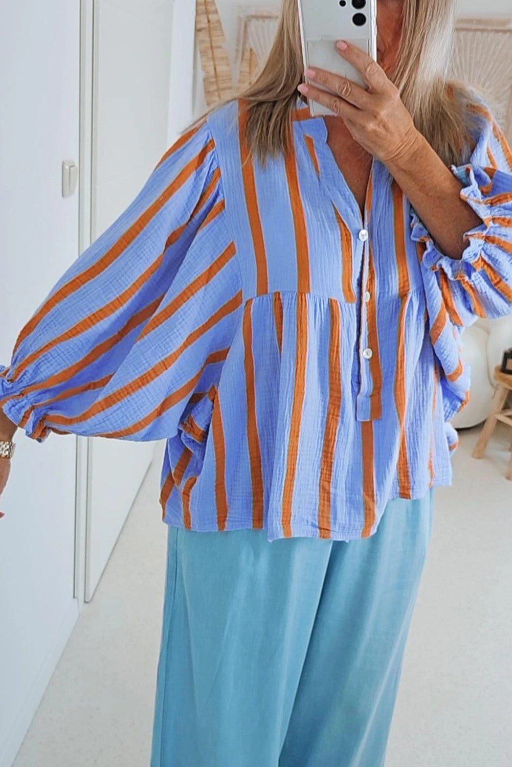 Crinckled Ruffled Sleeve Button Up Loose Shirt | Sky Blue Stripe