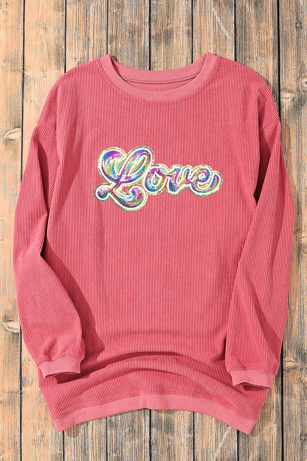 Sequin Love Graphic Drop Shoulder Corded Valentines Sweatshirt | Strawberry Pink