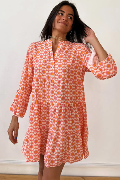 Floral Print Flounce Sleeve Buttoned Front Mini Dress | Orange