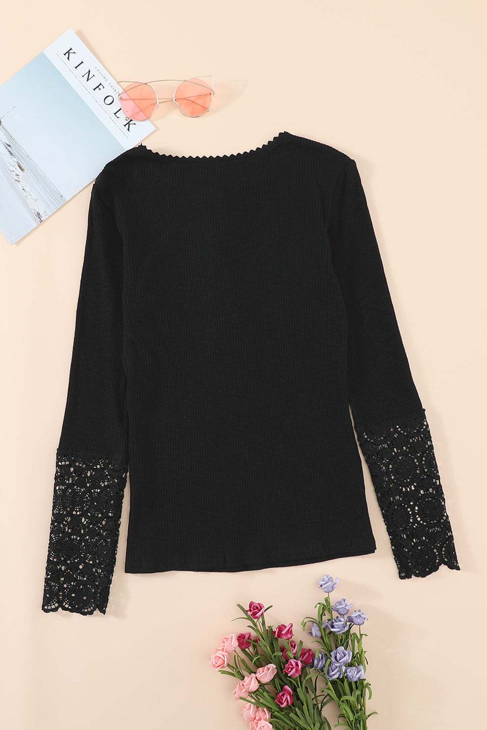 Crochet Lace Hem Sleeve Button Top | Black