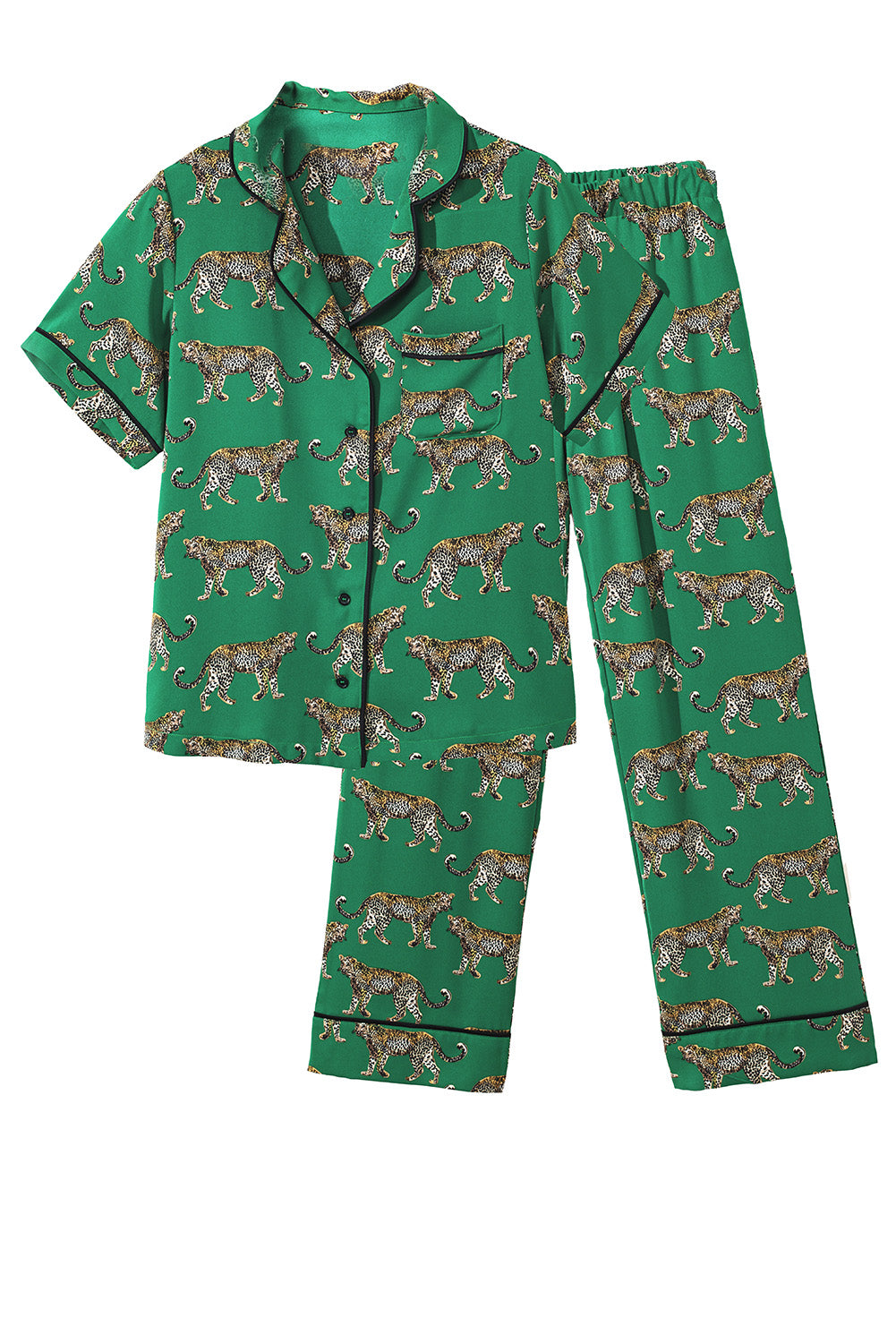 Cheetah Print Short Sleeve Shirt And Pants Pajama Set | Green