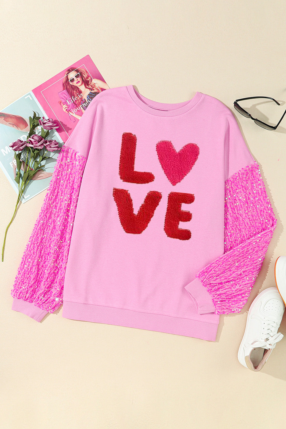 Valentines Love Chenille Embroidered Sequin Sleeve Sweatshirt | Pink