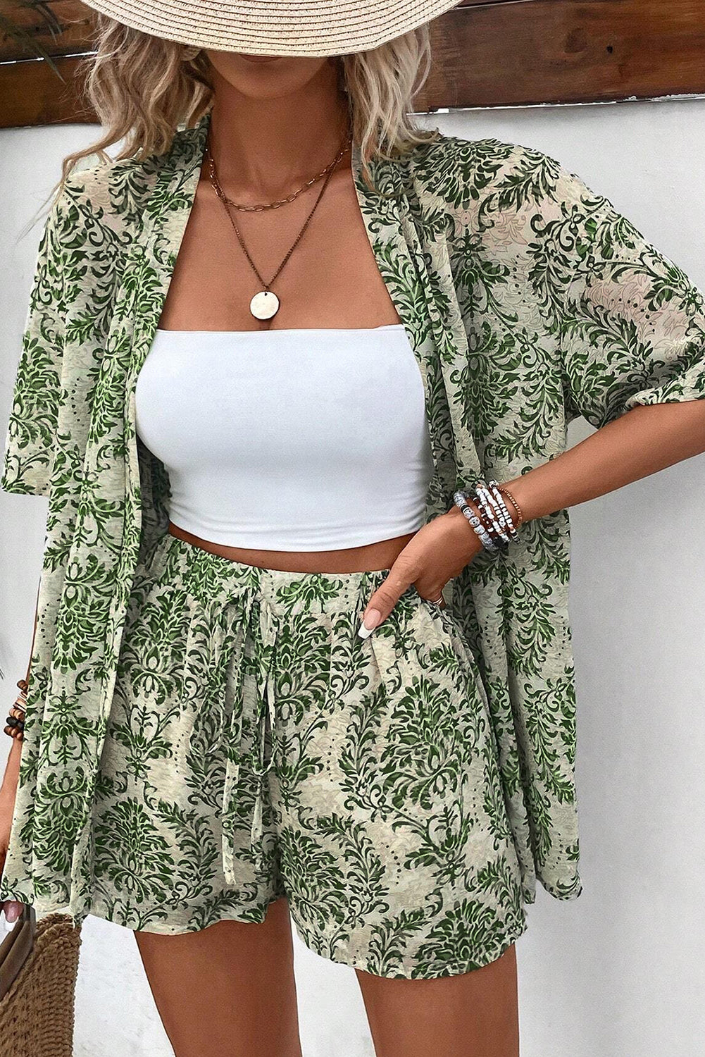 Vintage Floral Print Open Top And Shorts Outfit | Green