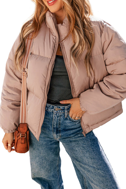 Full Zipper Quilted Puffer Jacket | Apricot Pink