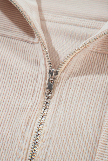 Corduroy Drawstring Hooded Pocket Zip Up Jacket | White