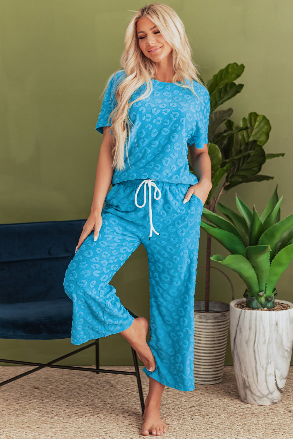 Blue Leopard Jacquard Short Sleeve Top and Wide Leg Pants Set