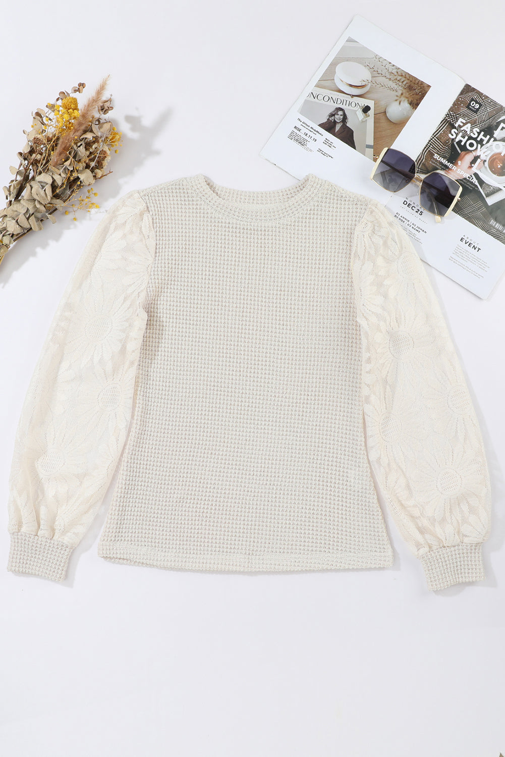 Sunflower Mesh Bubble Sleeve Waffle Knit Top | Beige