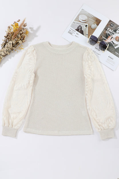 Sunflower Mesh Bubble Sleeve Waffle Knit Top | Beige