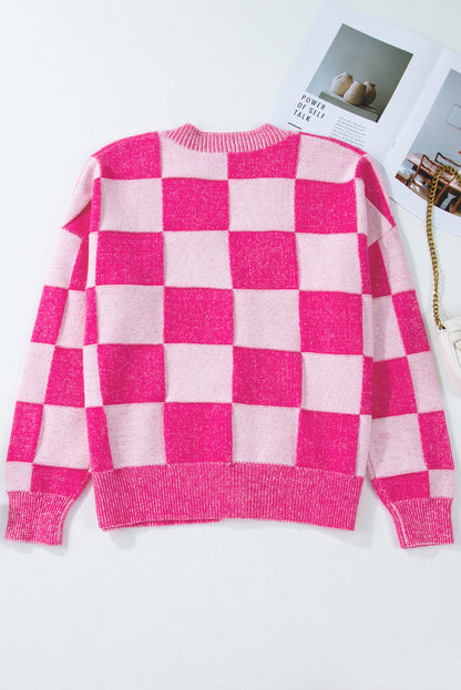 Checkered Drop Shoulder Buttoned V Neck Cardigan | Pink