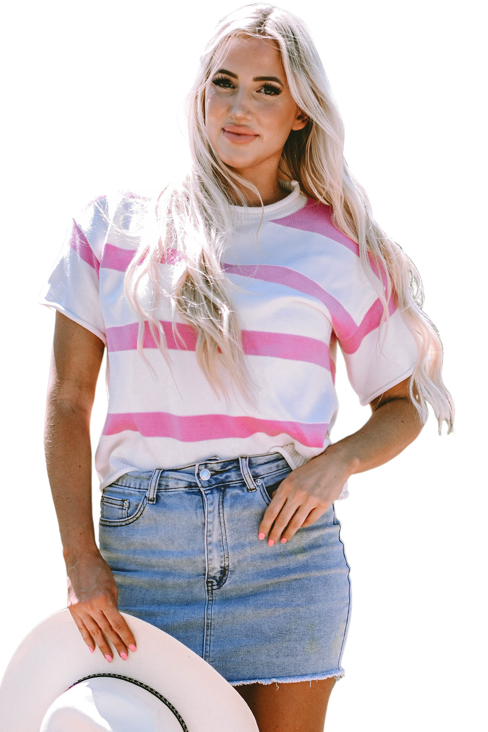 Dropped Short Sleeve Lightweight Knitted Top | Pink Stripe