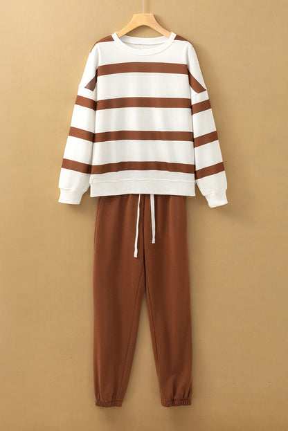 Striped Drop Shoulder Pullover And Jogger Pants Set | Brown Stripe