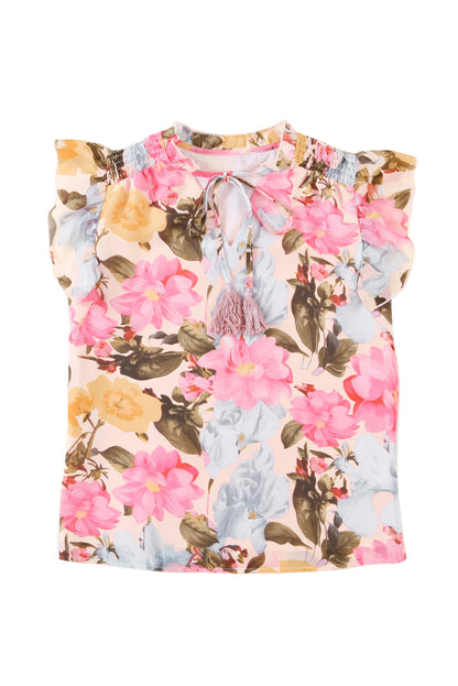 Floral Print Tassel Tie Short Sleeve Blouse | Pink