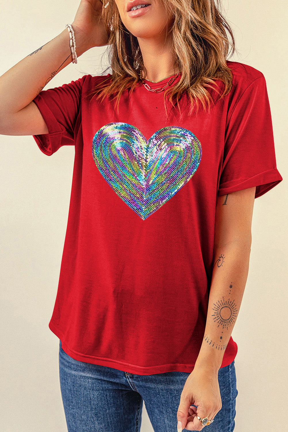 Rainbow Sequin Heart Shape Crew Neck T Shirt | Red