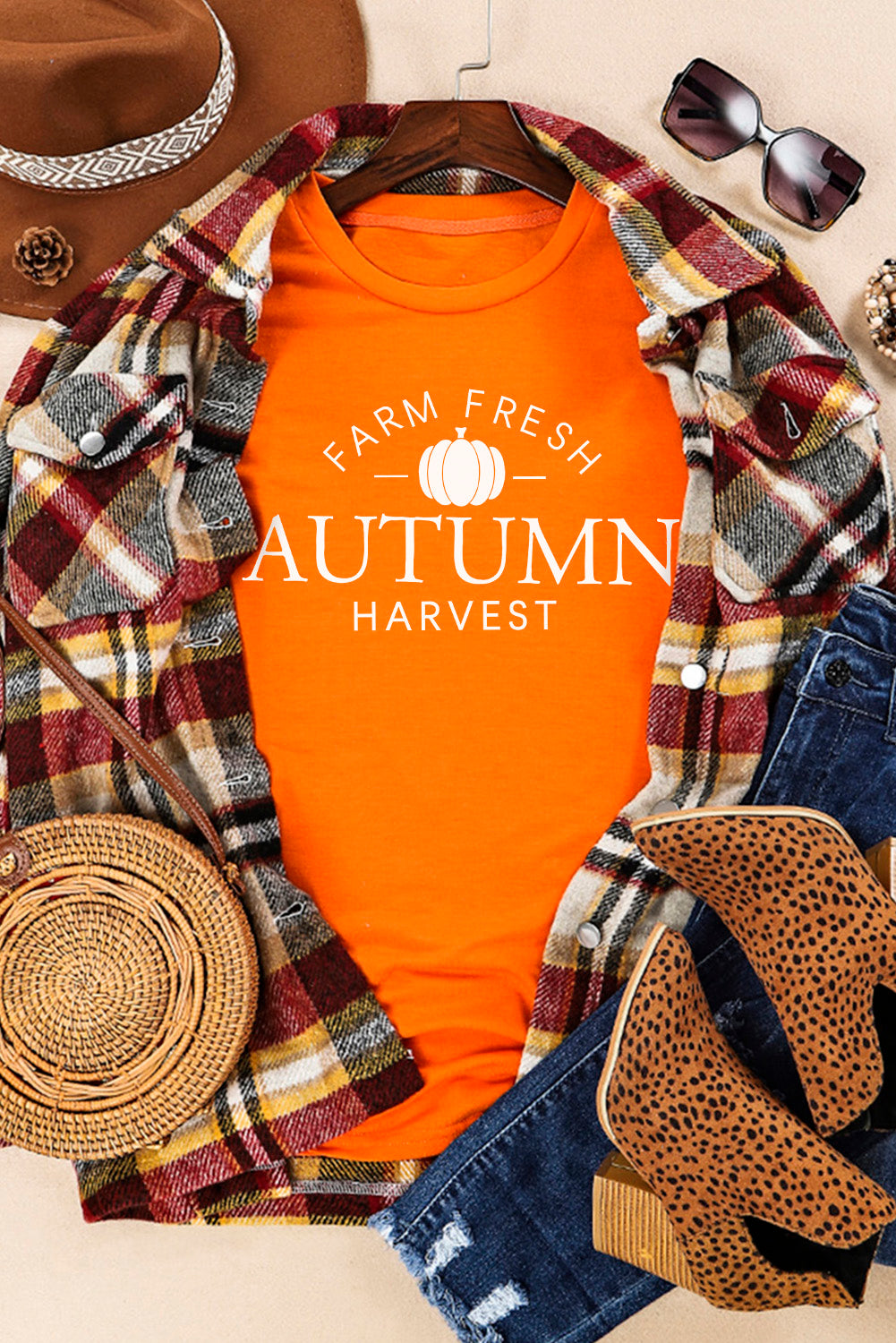 Farm Fresh Autumn Harvest Pattern Crew Neck T Shirt | Orange