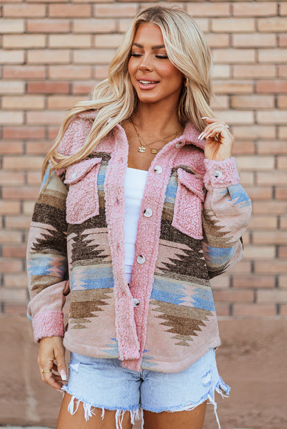 Western Aztec Print Sherpa Splicing Buttoned Flap Pocket Coat | Pink