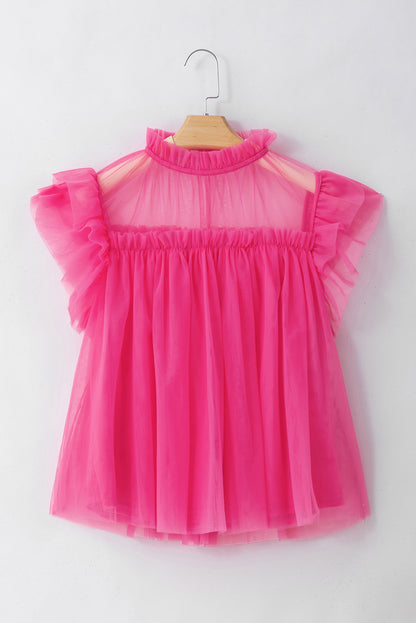 Tulle Ruffle Sleeve Flared Babydoll Blouse | Strawberry Pink