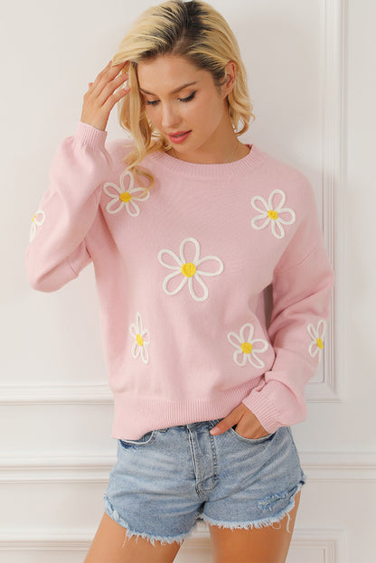 Chenille Daisy Stitching Crew Neck Sweater | Pink