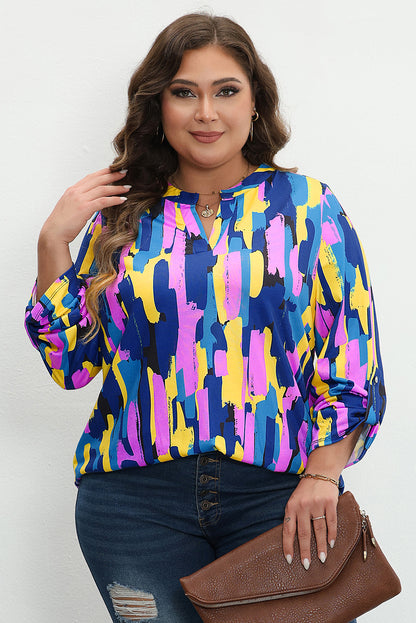 Plus Size Brushstroke Print 3/4 Sleeve Blouse | Blue