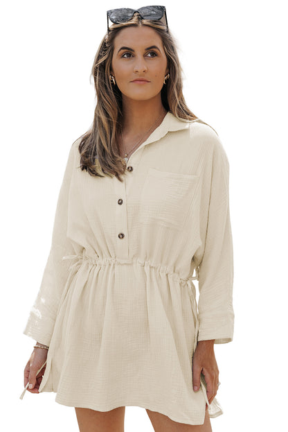 Button Pockets Drawstring Waist Dress | Beige