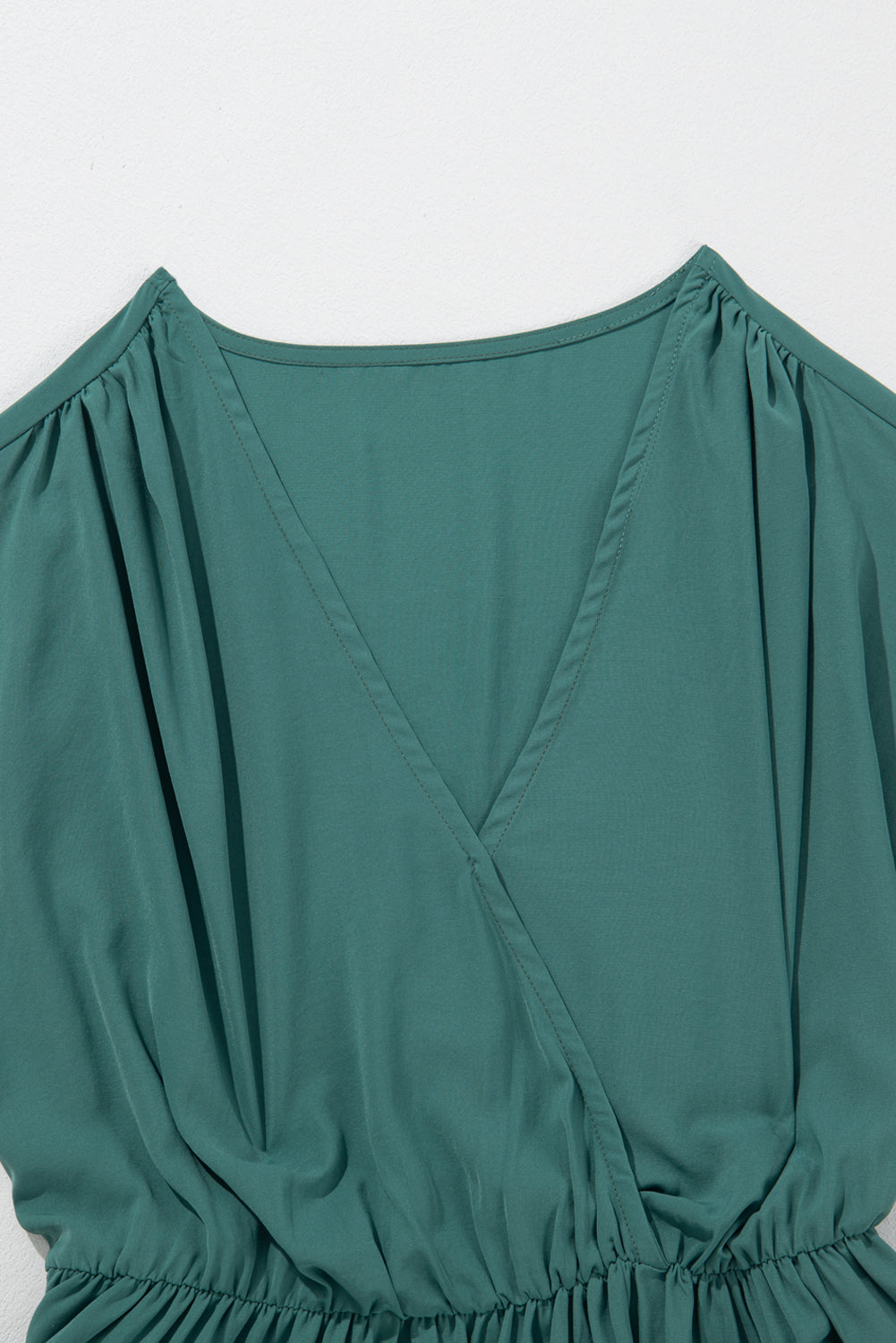 Solid Colour V Neck Wrap Pleated Short Sleeve Maxi Dress | Blackish Green