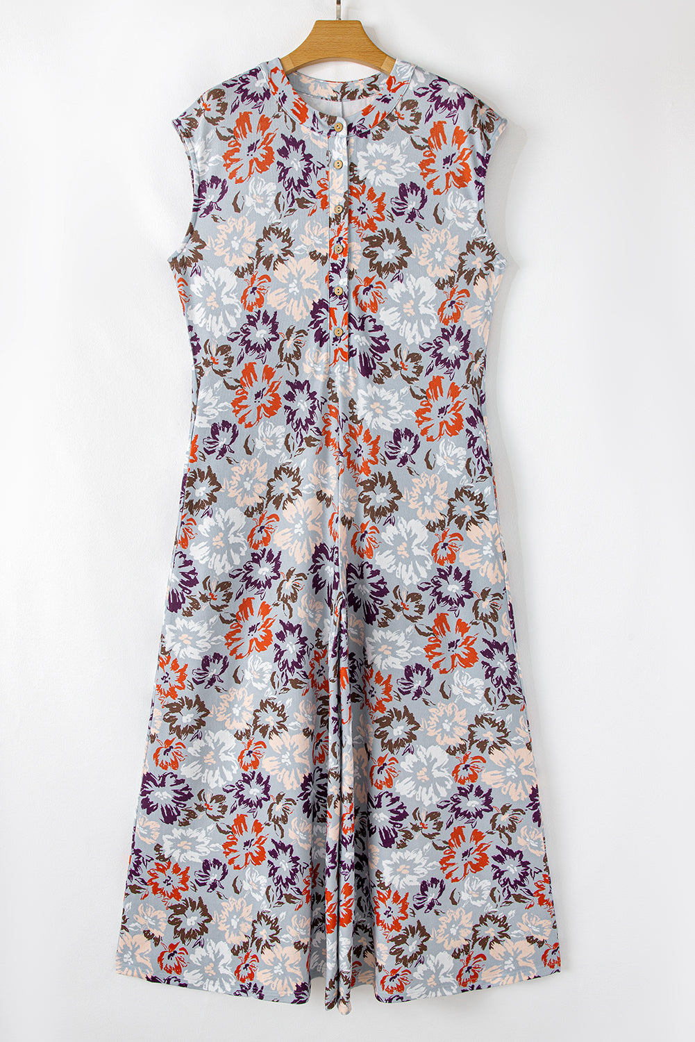 Floral Sleeveless Buttoned Pocketed Wide Leg Jumpsuit | Sky Blue