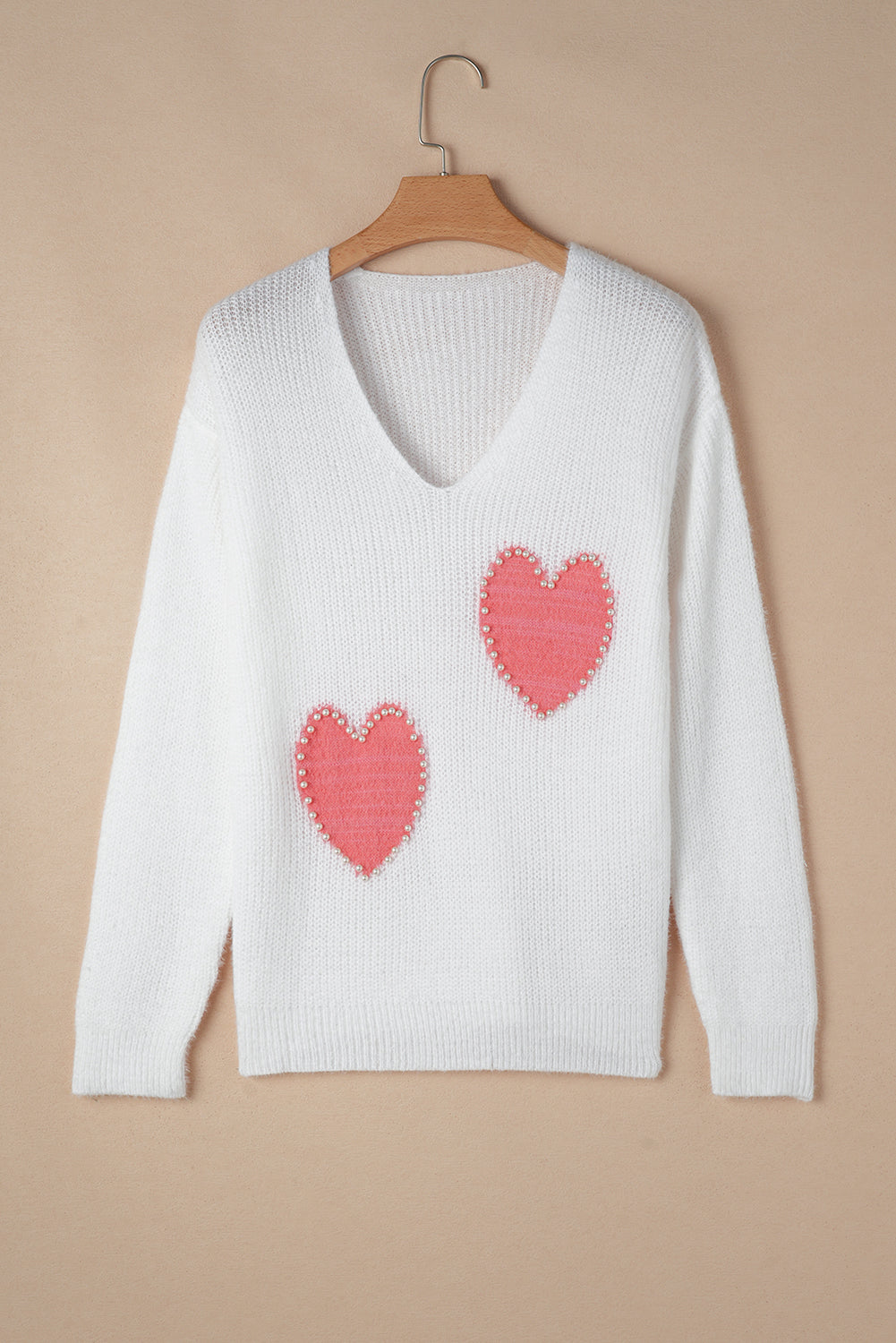 Pearl Beaded Heart Pattern Fuzzy V Neck Sweater | White